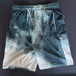 Graphic Spray-Print Athletic Shorts in Teal & White